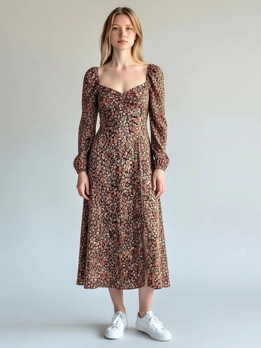 Floral Open Back Midi Dress in Black & Orange (M)